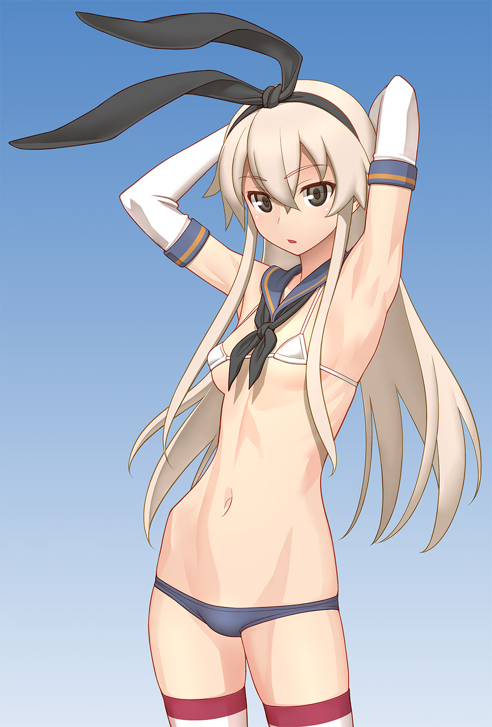 1girl, armpits, arms_behind_head, arms_up, bikini, blonde_hair, blush, breasts