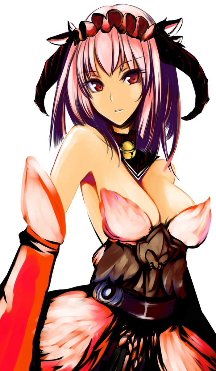 bell, breasts, cleavage, cow_bell, fantasy_earth_zero, highres, horns, pink_hair, solo, virus_(obsession), virus_(pixiv)