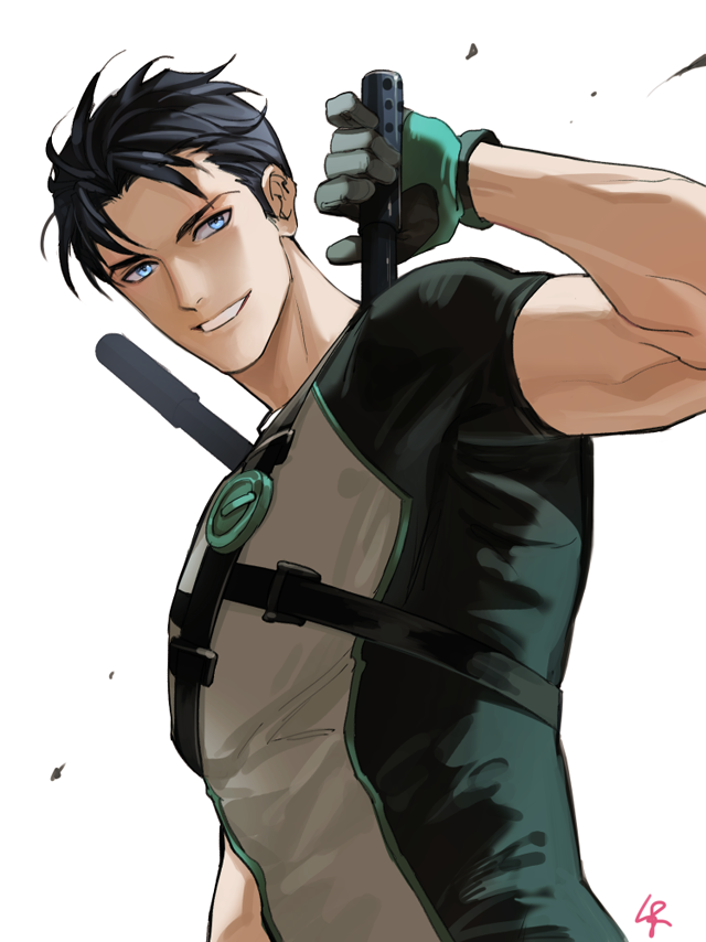 1boy, agent_37, blue_eyes, dc_comics, dick_grayson, escrima_stick, gloves, male_focus