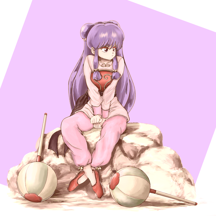 1girl, annoyed, chui, female, koh_(oab71kq3), long_hair, looking_away, official_style, purple_hair, ranma_1/2, shampoo_(ranma_1/2), sitting, solo, weapon
