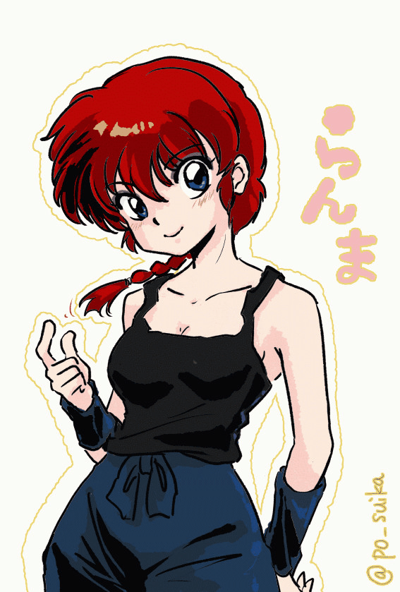 1girl, bare_shoulders, blue_eyes, cleavage, female, genderswap, looking_at_viewer, ranma-chan