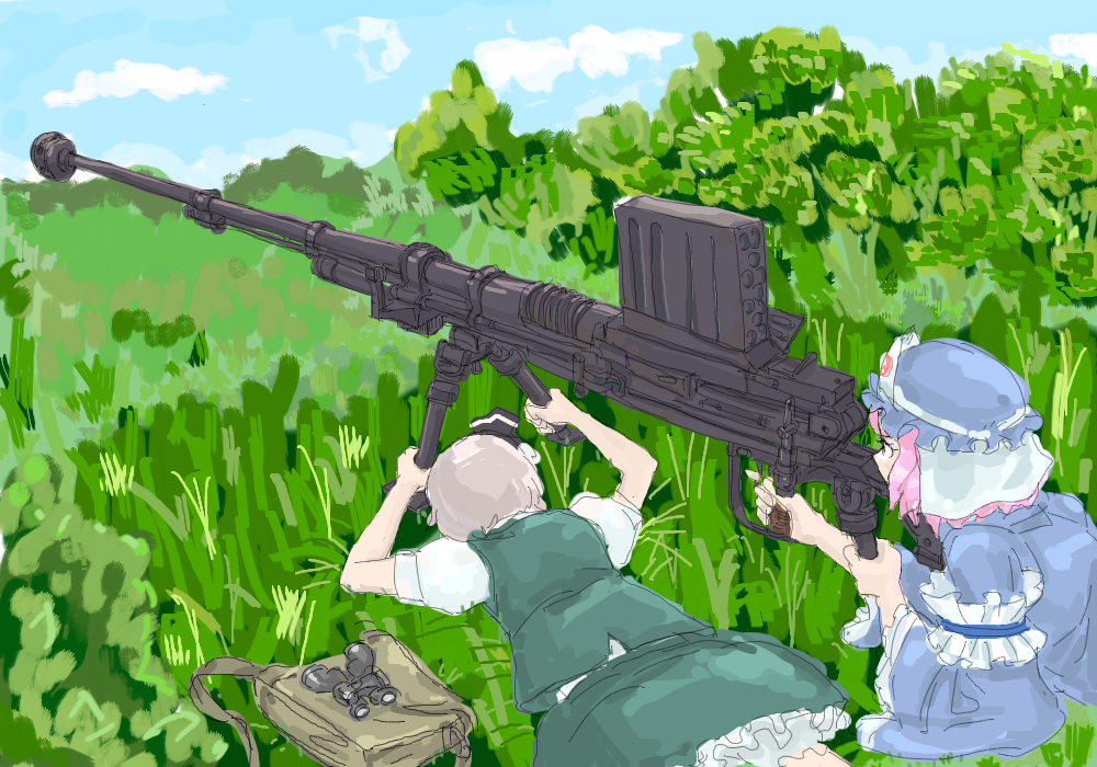 2girls, anti-materiel_rifle, anti-tank_rifle, bag, binoculars, frills, grass, gun