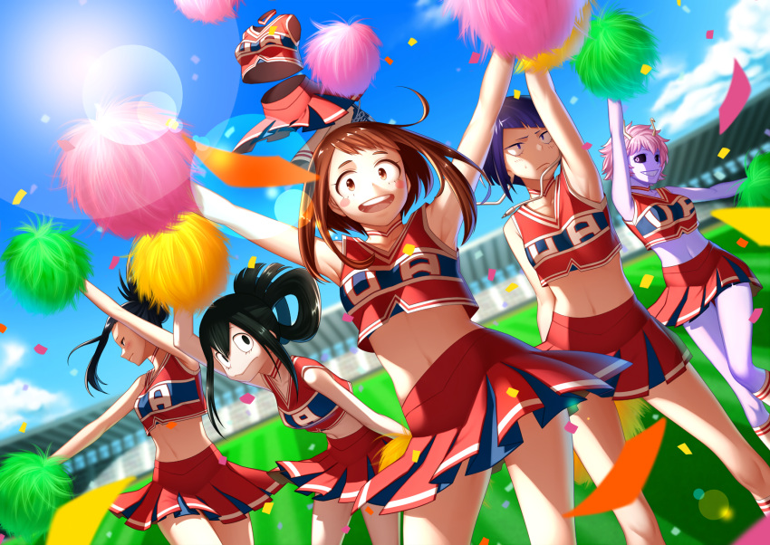 6+girls, :>, :d, arkray, armpits, ashido_mina, asui_tsuyu, black_eyes, black_hair, black_sclera, blue_sky, blush, blush_stickers, boku_no_hero_academia, brown_eyes, brown_hair, cheering, cheerleader, clouds, confetti, crop_top, crop_top_overhang, grin, hagakure_tooru, hair_rings, highres, holding, invisible, jirou_kyouka, lens_flare, long_hair, multiple_girls, navel, open_mouth, pink_hair, plug, pom_poms, purple_hair, purple_skin, red_skirt, short_hair, skirt, sky, smile, stadium, sweatdrop, tank_top, uraraka_ochako, violet_eyes, yaoyorozu_momo, yellow_eyes