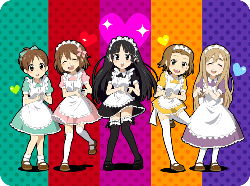 akiyama_mio, alternate_costume, apron, black_eyes, black_hair, blonde_hair, bow, brown_eyes, brown_hair, closed_eyes, enmaided, garters, hair_bow, hairband, heart, heart_hands, hirasawa_ui, hirasawa_yui, k-on!, kotobuki_tsumugi, long_hair, maid, maid_headdress, moe_moe_kyun!, multiple_girls, short_hair, sumii_(fumiki7), tainaka_ritsu, thigh-highs, thighhighs, zettai_ryouiki