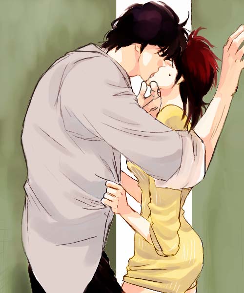 1boy, 1girl, against_wall, black_hair, blush, brown_hair, chin_grab, city_hunter, closed_eyes, cowboy_shot, from_side, hetero, kiss, makimura_kaori, saeba_ryou, shirt_pull, short_hair, sweatdrop, usuikoromo