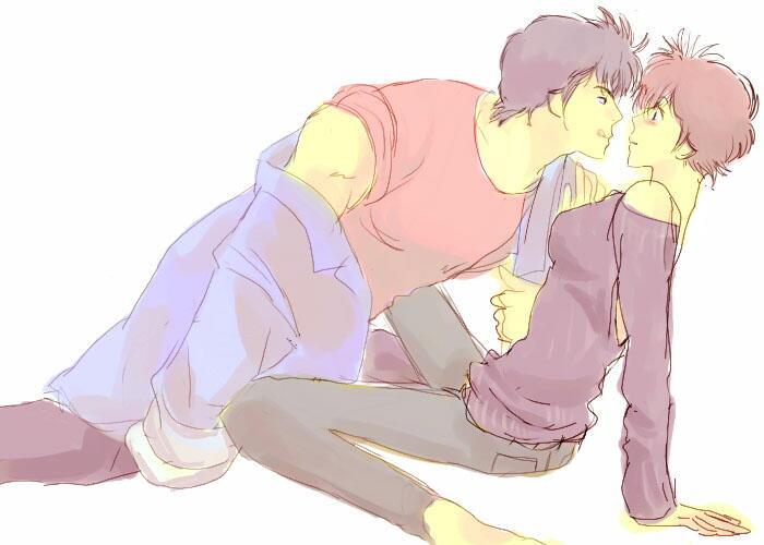 1boy, 1girl, black_hair, brown_hair, city_hunter, closed_mouth, eye_contact, licking_lips