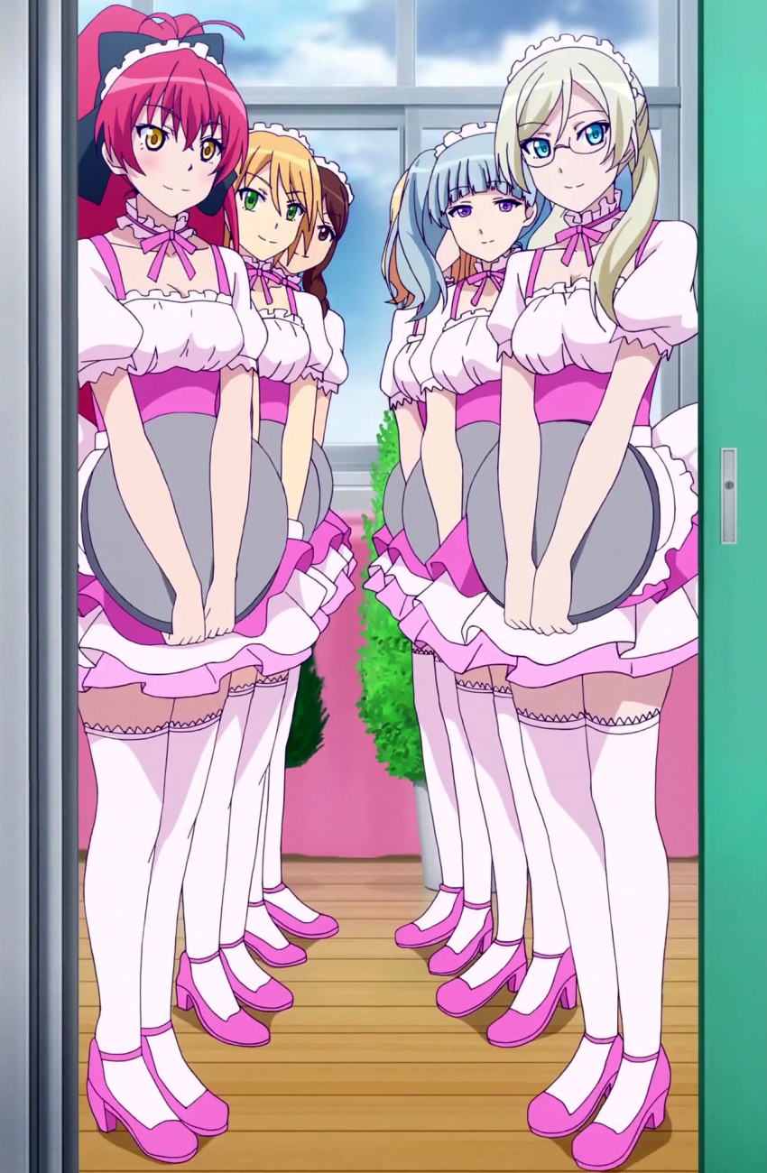 6+girls, apron, aqua_eyes, blonde_hair, blue_eyes, brown_eyes, brown_hair, character_request