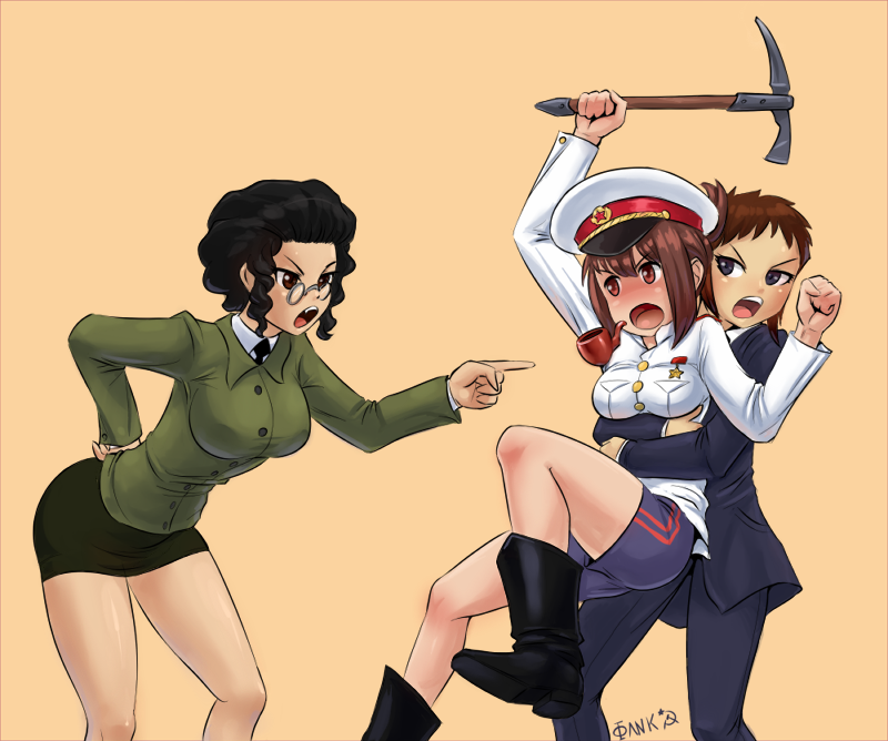 3girls, bangs, black_hair, bloomers, blue_eyes, boots, breasts, brown_eyes