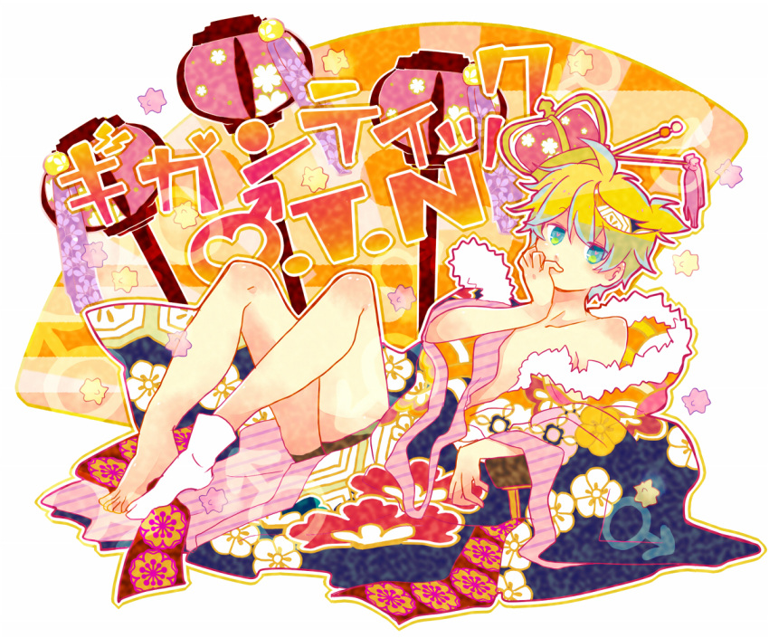1boy, 7:24, aqua_eyes, blonde_hair, body_blush, crown, fan, floral_print