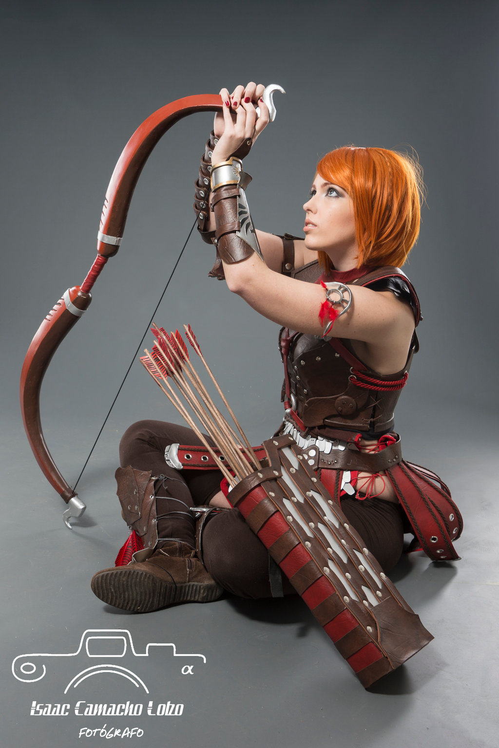 1girl, arrow, boots, bow_(weapon), cosplay, dragon_age, indian_style, leliana_(dragon_age)