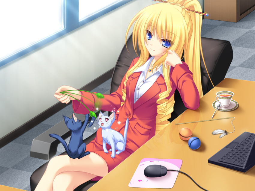 1girl, animal, ball, bare_legs, blazer, blonde_hair, blue_eyes, blush, business_suit, cat, chair, computer_mouse, drill_hair, feathers, female, formal, hair_ornament, highres, koshimizu_rei, laptop, legs, legs_crossed, long_hair, looking_at_viewer, mikagami_mamizu, miniskirt, mousepad, necklace, neko_koi!, office_lady, pencil_skirt, plate, ponytail, sitting, skirt, skirt_suit, smile, suit, sunlight, table, tea, teacup, teaspoon, tied_hair, whirlpool, window