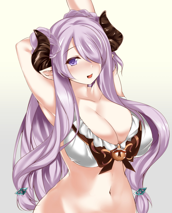 1girl, armpits, arms_behind_head, arms_up, bikini, blush, braid, breasts, cleavage, collarbone, cow_girl, cow_horns, cube_(circussion), curvy, female, gradient_background, granblue_fantasy, hair_ornament, hair_over_one_eye, hairclip, hand_behind_head, horns, huge_breasts, large_breasts, lavender_hair, long_hair, looking_at_viewer, narumeia_(granblue_fantasy), navel, open_mouth, pointy_ears, simple_background, smile, solo, standing, swimsuit, upper_body, violet_eyes, white_bikini, white_swimsuit, wide_hips