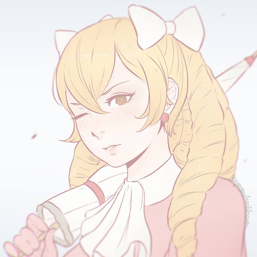 1girl, artist_name, blonde_hair, brown_eyes, capelet, cravat, drill_hair, earrings