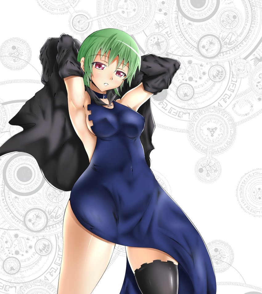 1girl, armpits, arms_behind_head, arms_over_head, arms_up, artist_request, black_legwear, blue_dress