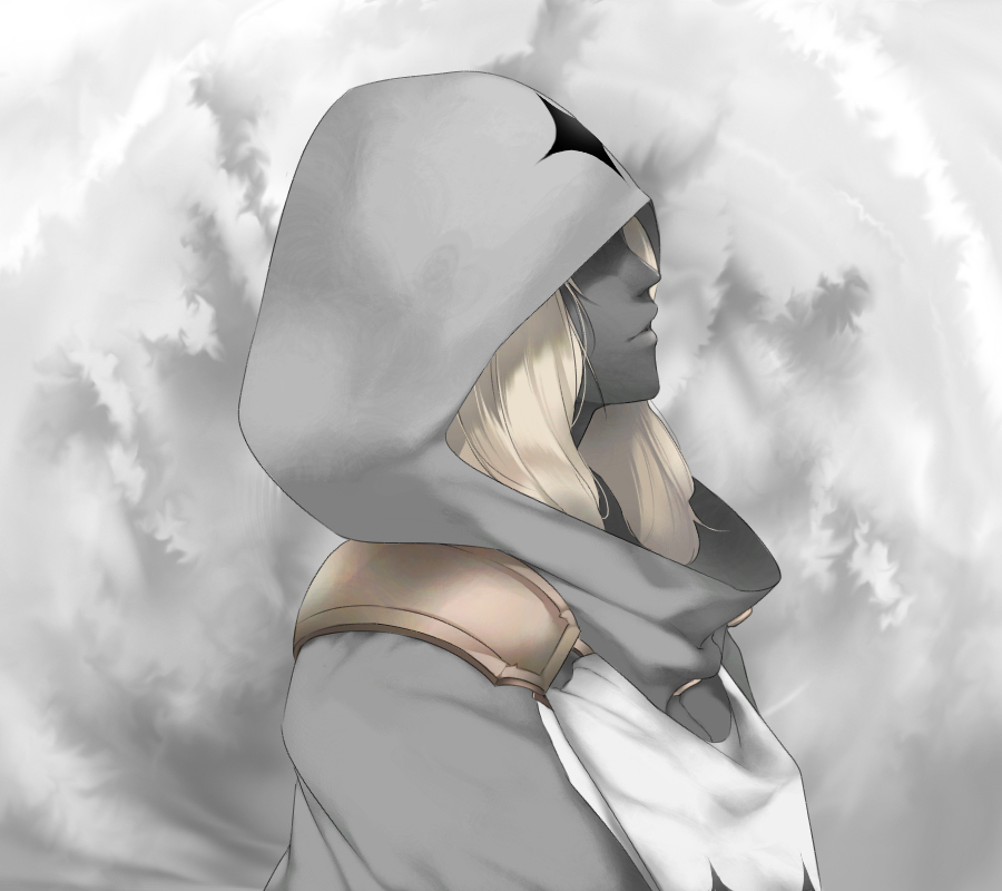 1girl, black_skin, blonde_hair, caligula_(game), cloak, female, gradient, gradient_background
