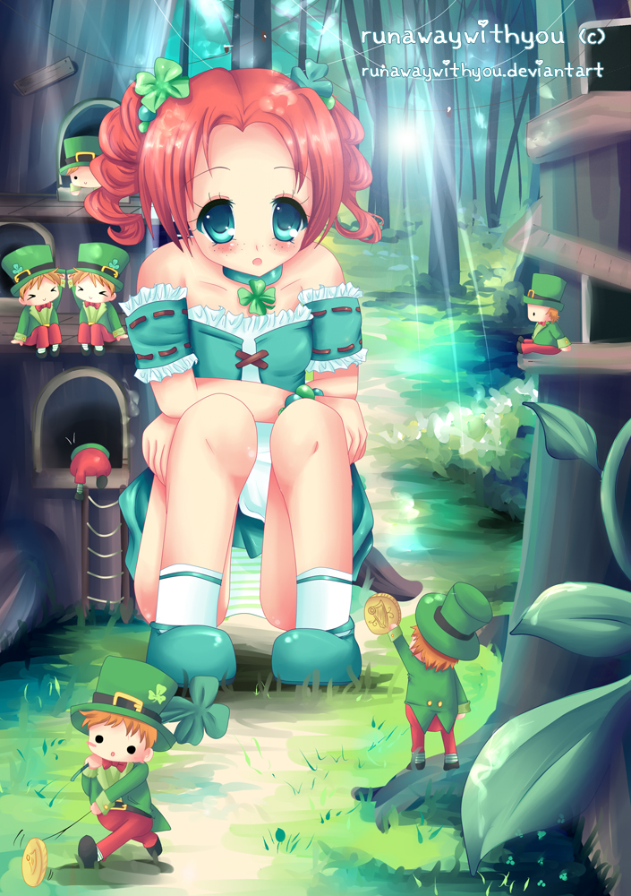 1girl, clover, coin, four-leaf_clover, gold_coin, leprechaun, orange_hair, panties