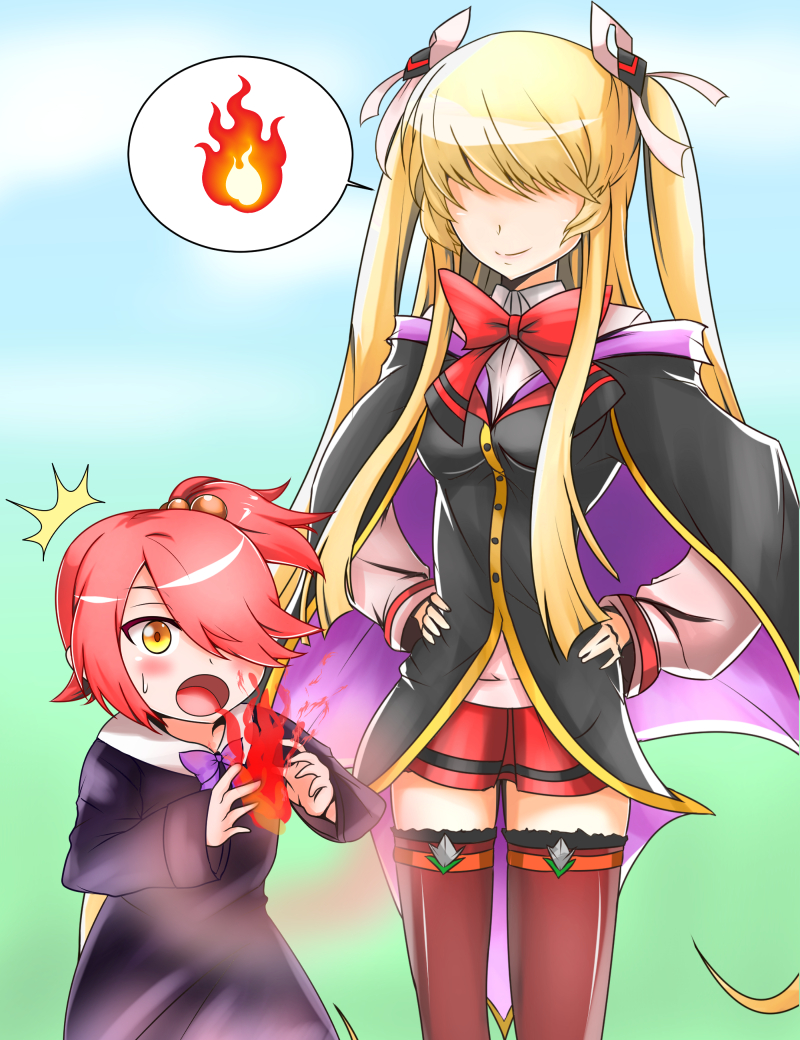 2girls, arc_system_works, artist_request, blonde_hair, blush, bow, breasts, cape