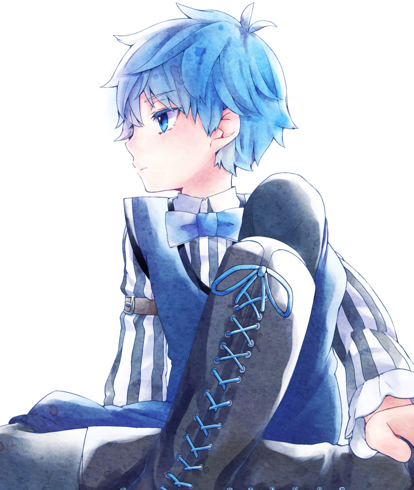 1boy, blue_eyes, blue_hair, boots, bowtie, caster_(fate/extra_ccc), child, collared_shirt