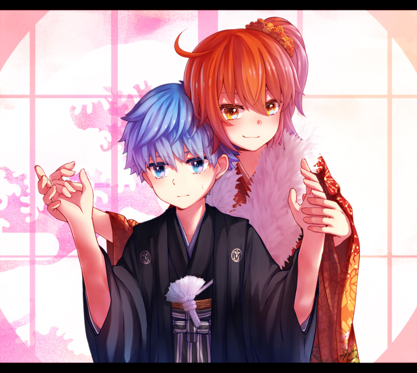 1boy, 1girl, blue_eyes, blue_hair, blush, caster_(fate/extra_ccc), child, closed_mouth