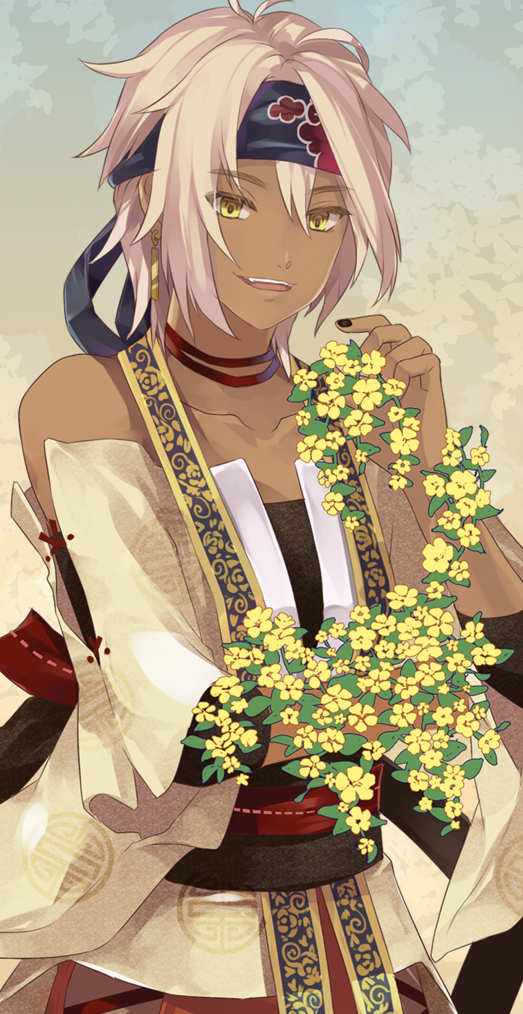 1boy, bandanna, bare_shoulders, black_nails, blonde_hair, dark_skin, detached_sleeves, earrings