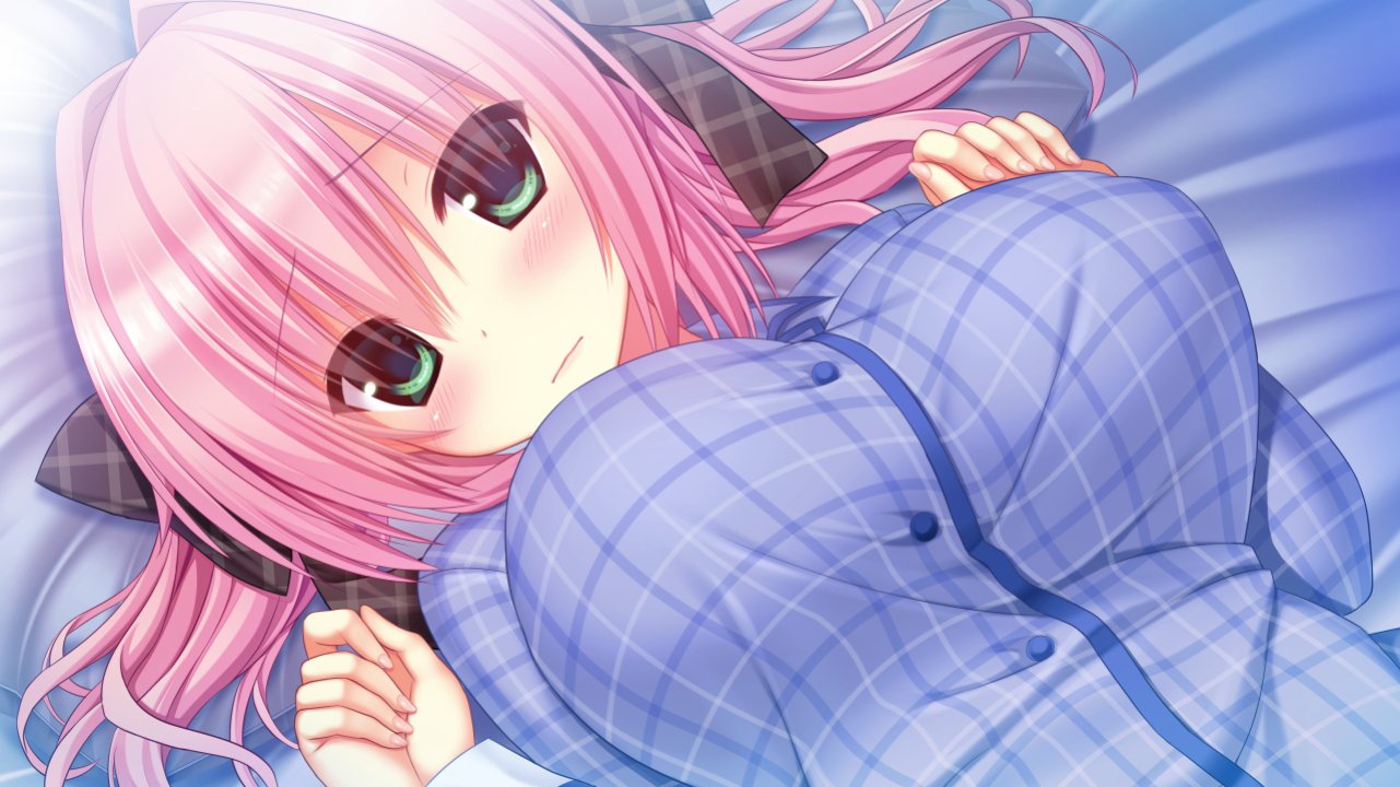 1girl, bed, blush, breasts, game_cg, green_eyes, large_breasts, looking_at_viewer