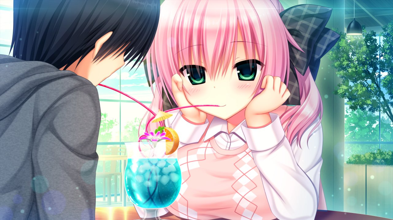 1boy, 1girl, blush, breast_rest, breasts, faceless, game_cg, green_eyes