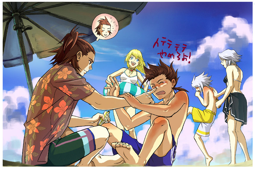 3boys, alternate_hairstyle, beach, bikini, bikini_top, blonde_hair, brown_hair, colette_brunel, genis_sage, innertube, kratos_aurion, lloyd_irving, lotion, multiple_boys, multiple_girls, pain, raine_sage, red_hair, redhead, shimabara, silver_hair, sky, sun, sunburn, suntan_lotion, swim_trunks, swimsuit, tales_of_(series), tales_of_symphonia, umbrella, white_hair