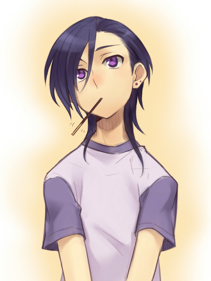 1boy, eating, food, gradient_background, hataraku_maou-sama!, male_focus, pocky, purple_hair