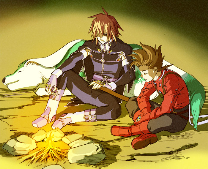 brown_hair, closed_eyes, dog, fire, jacket, kratos_aurion, lloyd_irving, male