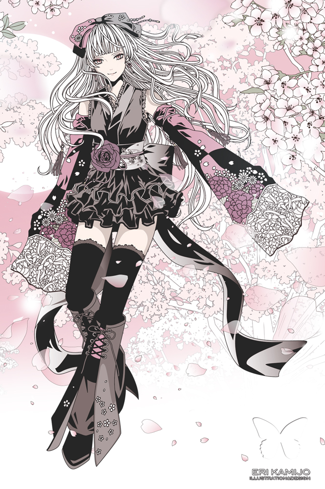 1girl, artist_name, bangs, blunt_bangs, cherry_blossoms, detached_sleeves, eri_kamijo, floral_print