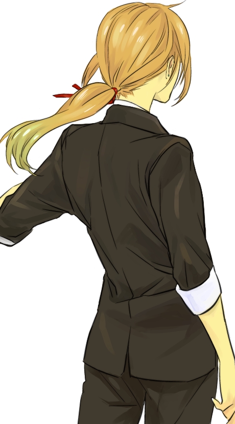 1boy, afuro_terumi, androgynous, aqua_hair, back, blonde_hair, cowboy_shot, formal