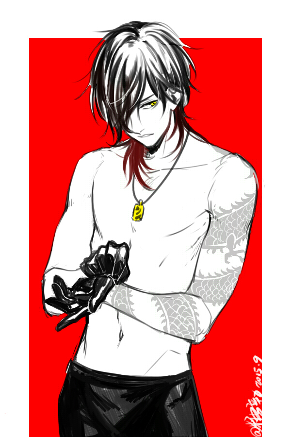 1boy, black_gloves, black_hair, candytang442494812, collarbone, dragon, dressing, gloves