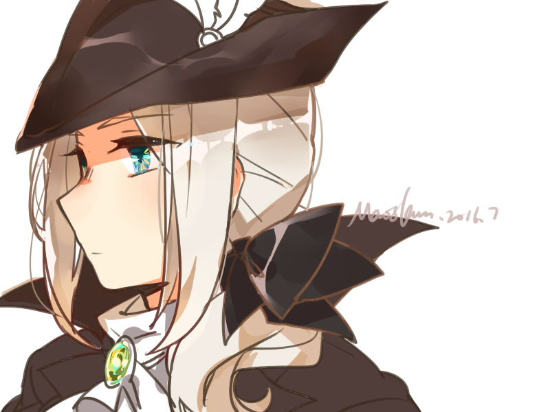 1girl, artist_name, ascot, blonde_hair, bloodborne, blue_eyes, gem, hat