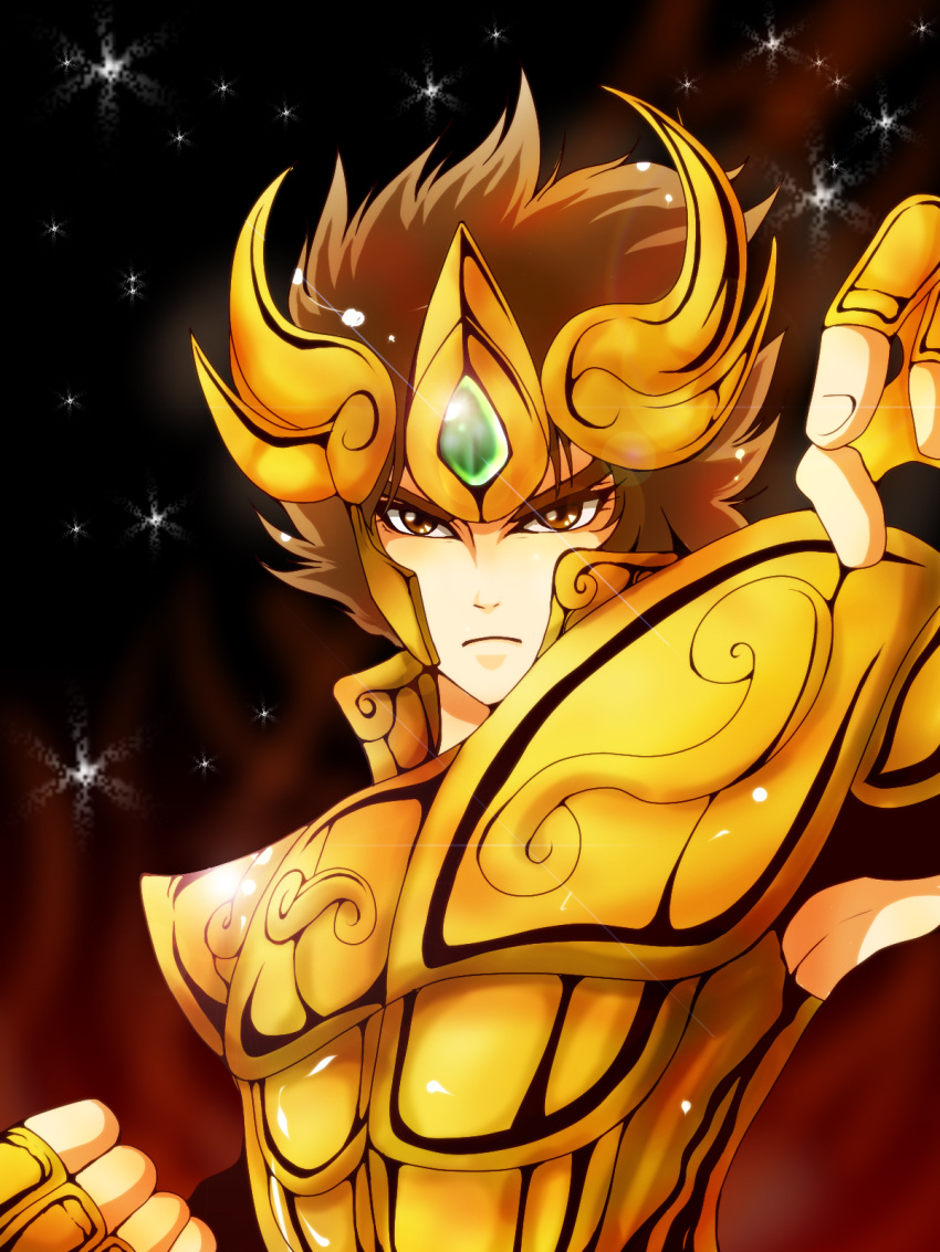 1boy, armor, brown_eyes, brown_hair, gold_armor, gold_saint, highres, leo_aiolia