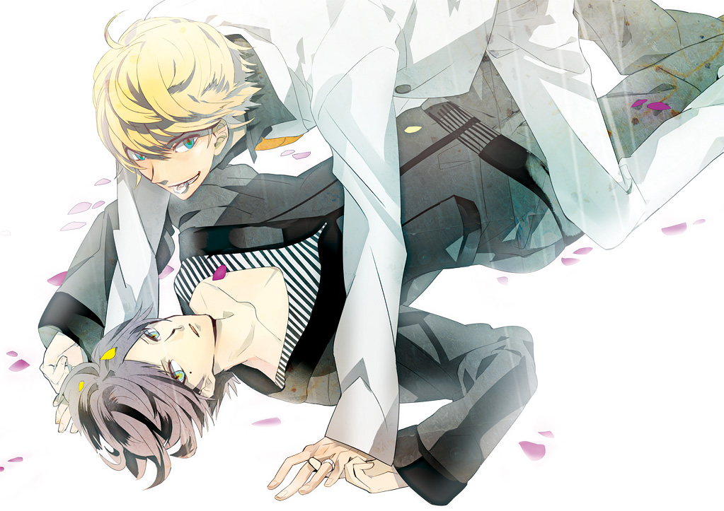 b_prince, black_hair, blonde_hair, blue_eyes, clothes, couple, flower_pedal, green_eyes, jacket, jewelry, on_back, pants, ring, short_hair, suit, white_clothes, yaoi