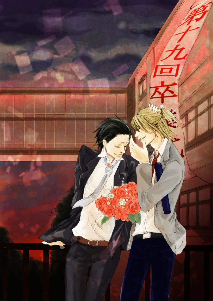 b_prince, belt, black_hair, blonde_hair, clothes, couple, flower, hug, necktie, necktie, pants, ponytail, saaya_(sugisan1119), short_hair, smile, suit, sunset, yaoi
