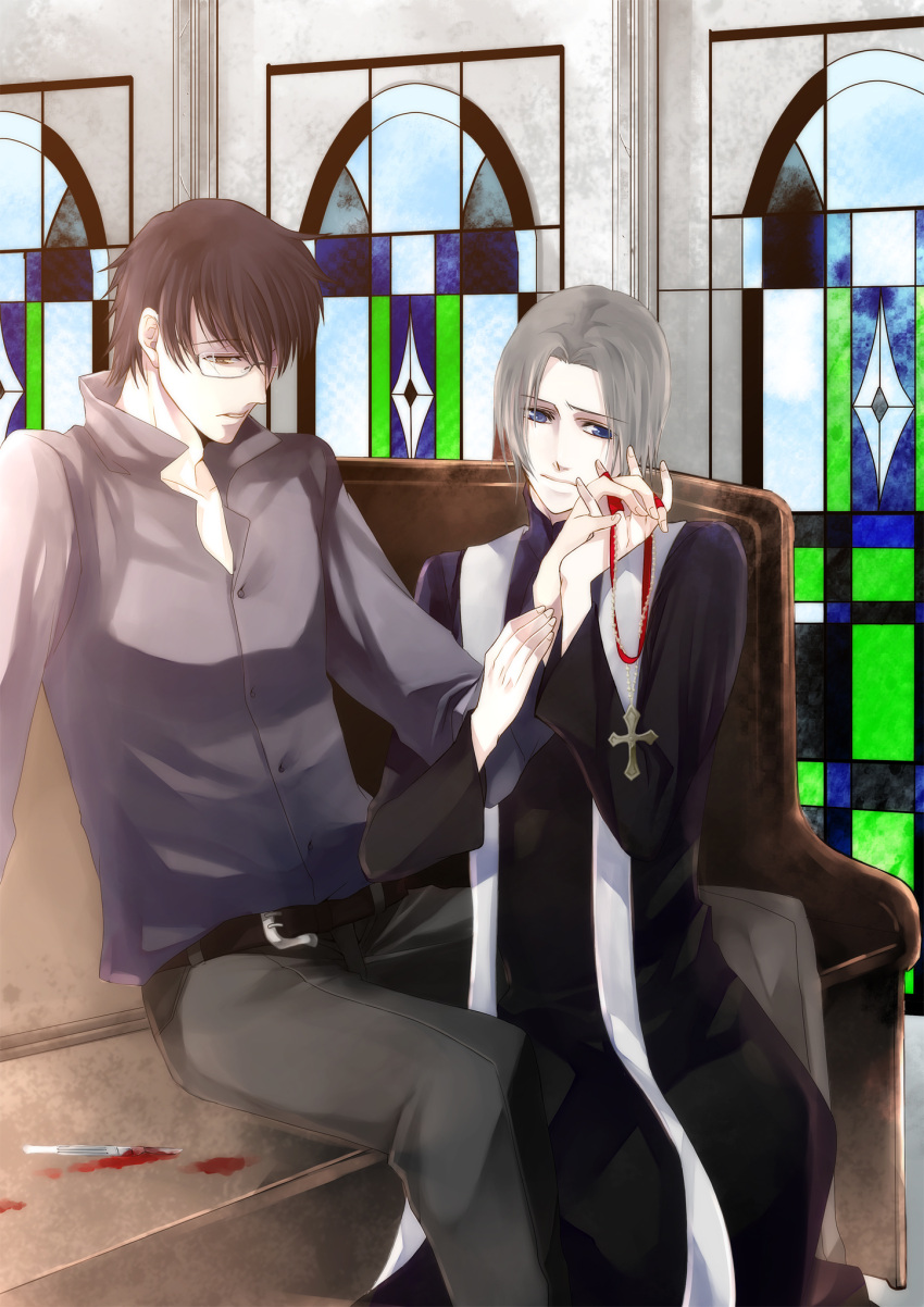 2boys, b_prince, belt, blue_eyes, brown_eyes, brown_hair, clothes, cross