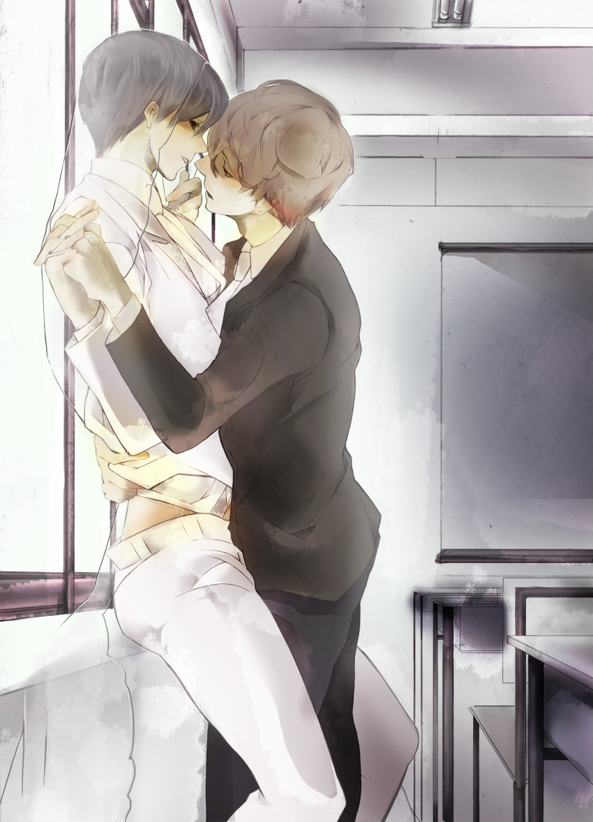 b_prince, black_eyes, blush, brown_eyes, brown_hair, couple, grey_hair, hand_holding
