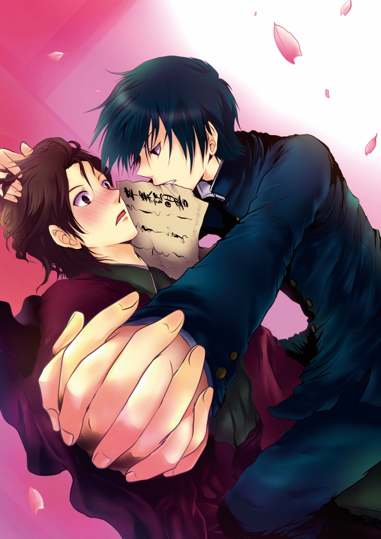 b_prince, black_eyes, blue_hair, blush, brown_eyes, brown_hair, hand_holding, japanese_clothes