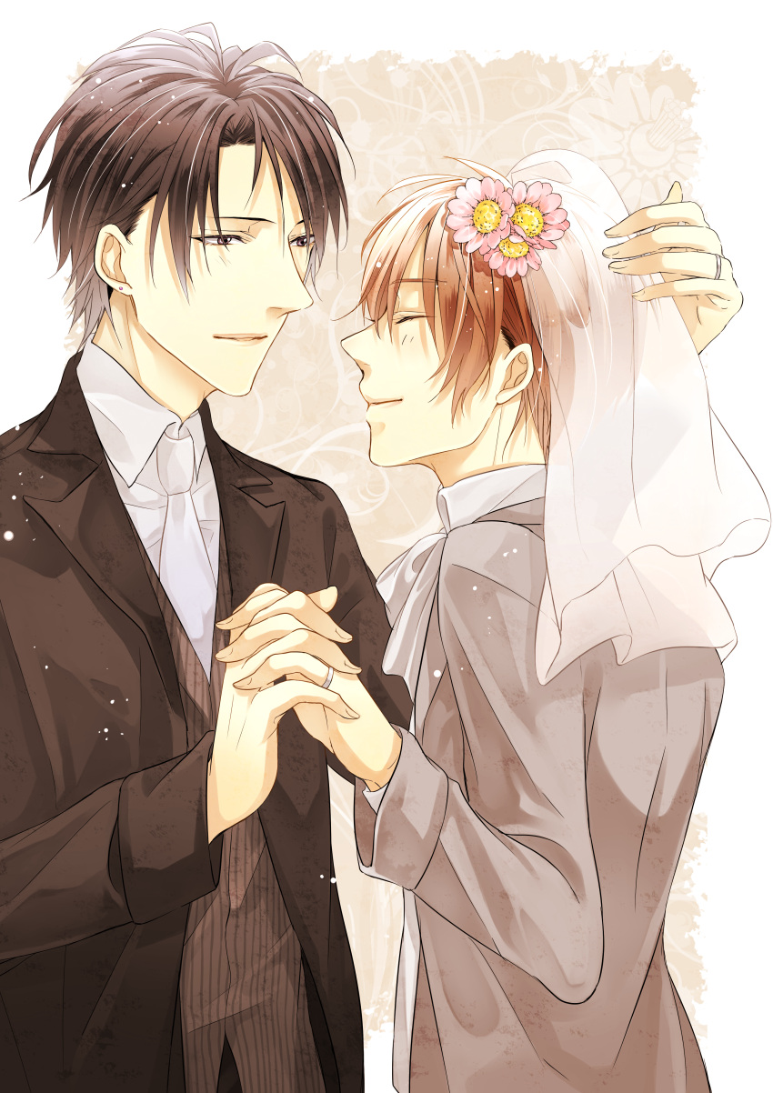 &amp;hat;_&amp;hat;, b_prince, black_eyes, black_hair, blush, brown_hair, couple, flower