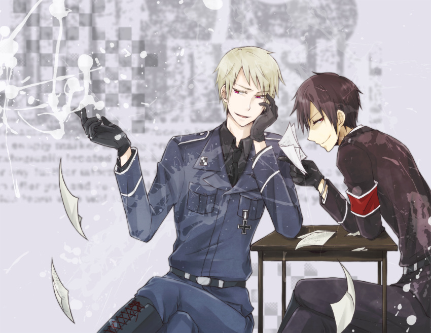 axis_powers_hetalia, black_hair, boots, crossover, durarara!!, gloves, grey_hair, happy