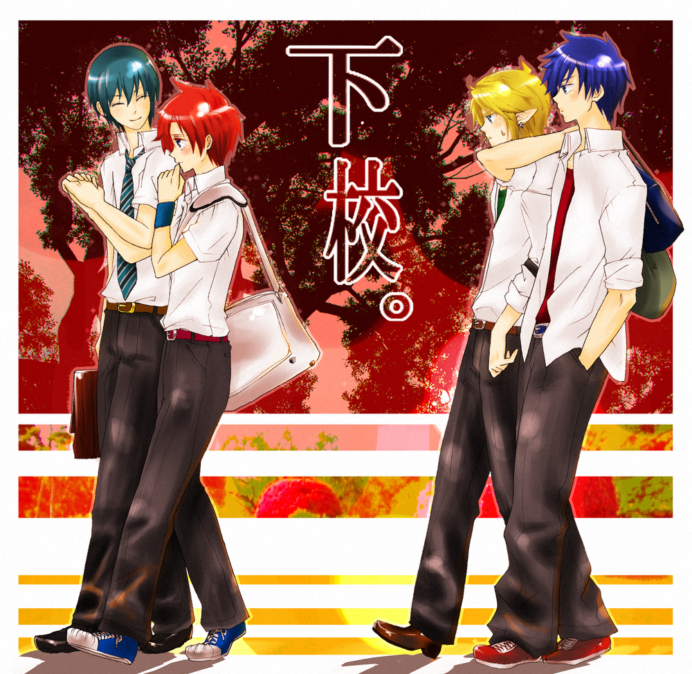 &amp;hat;_&amp;hat;, ahoge, bag, blue_eyes, blue_hair, blush, couple, crossover, fire_emblem, group, hand_holding, jewelry, link, marth, necktie, pants, redhead, roy, school_bag, seifuku, short_hair, smile, sweatdrop, the_legend_of_zelda, tree, yaoi
