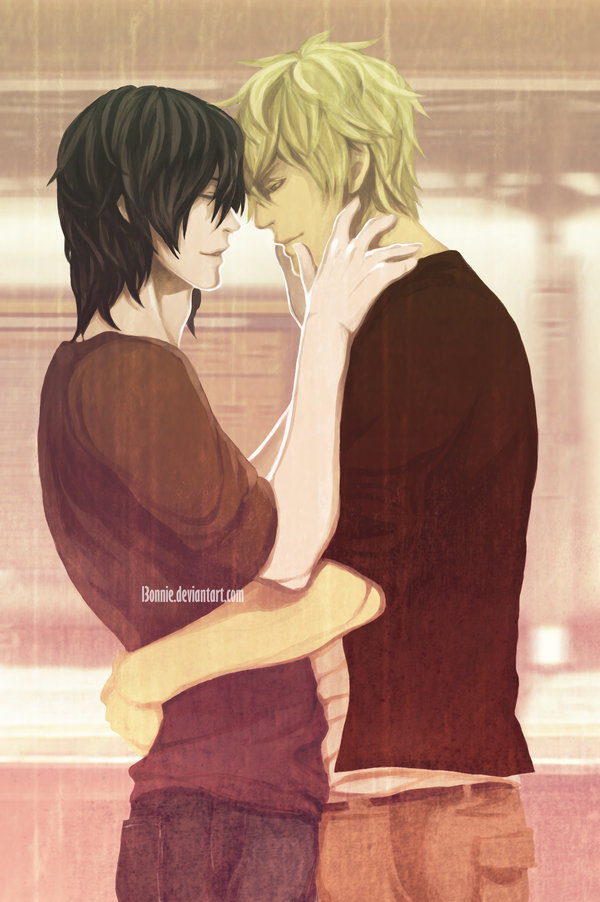 black_hair, blonde_hair, couple, hug, pants, sakiyama_youji, shironuma_tetsuo, short_hair