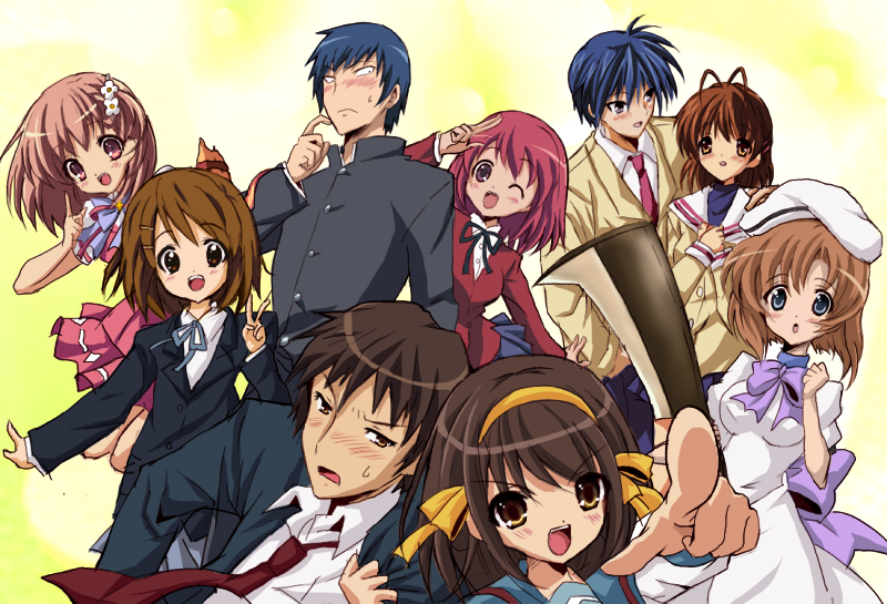 00s, 2008, 3boys, 6girls, billhook, clannad, crossover, everyone, flyable_heart, furukawa_nagisa, higurashi_no_naku_koro_ni, hirasawa_yui, inaba_yui, k-on!, kushieda_minori, kyon, okazaki_tomoya, ryuuguu_rena, satou_kuron, satou_kuroon, school_uniform, short_hair, suzumiya_haruhi, suzumiya_haruhi_no_yuuutsu, takasu_ryuuji, toradora!