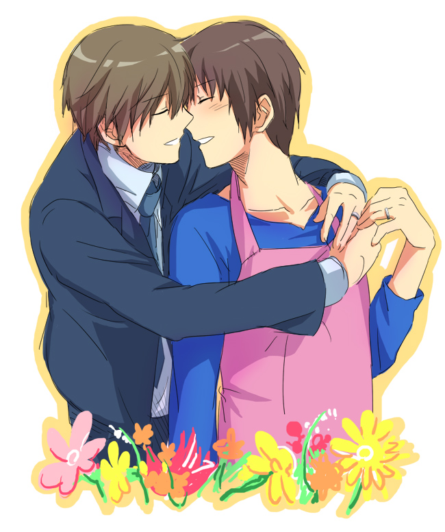 &amp;hat;_&amp;hat;, apron, blush, brown_hair, couple, flower, happy, hug, koizumi_itsuki, kyon, necktie, short_hair, suit, the_melancholy_of_haruhi_suzumiya, yaoi