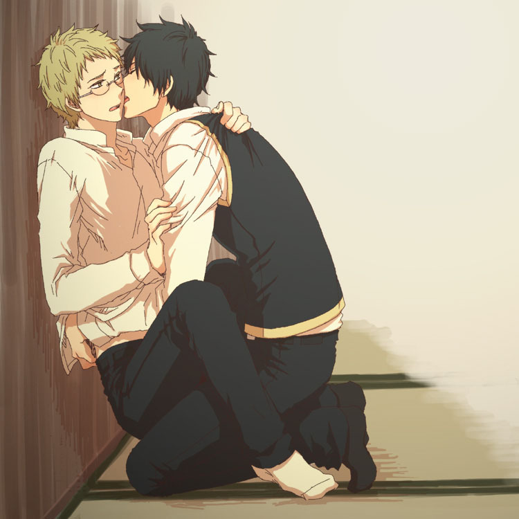 black_hair, blonde_hair, blush, couple, gintama, glasses, grey_eyes, hijikata_toshirou