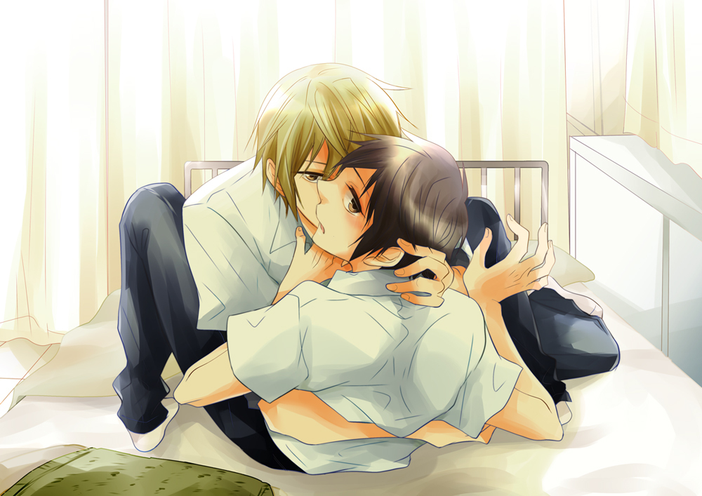 ashitaba_iku, bed, black_eyes, black_hair, blonde_hair, blush, couple, hokenshitsu_no_shinigami