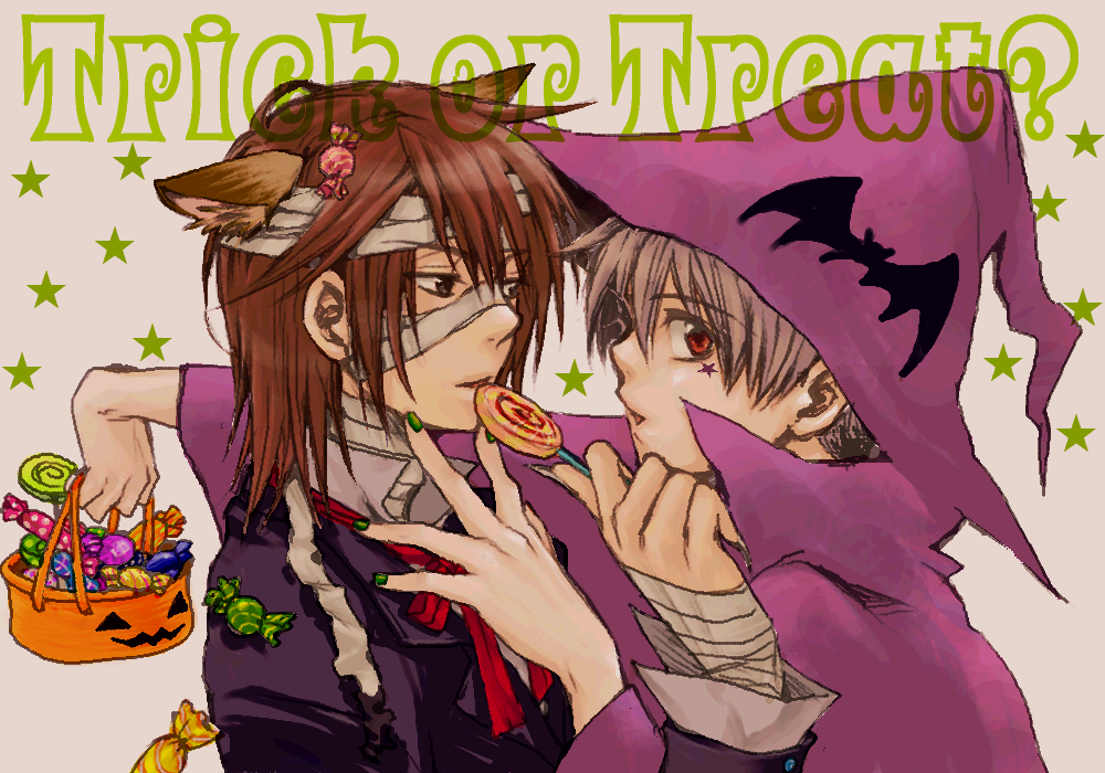 albino, bandage, black_eyes, brown_hair, couple, grey_hair, halloween, haruka