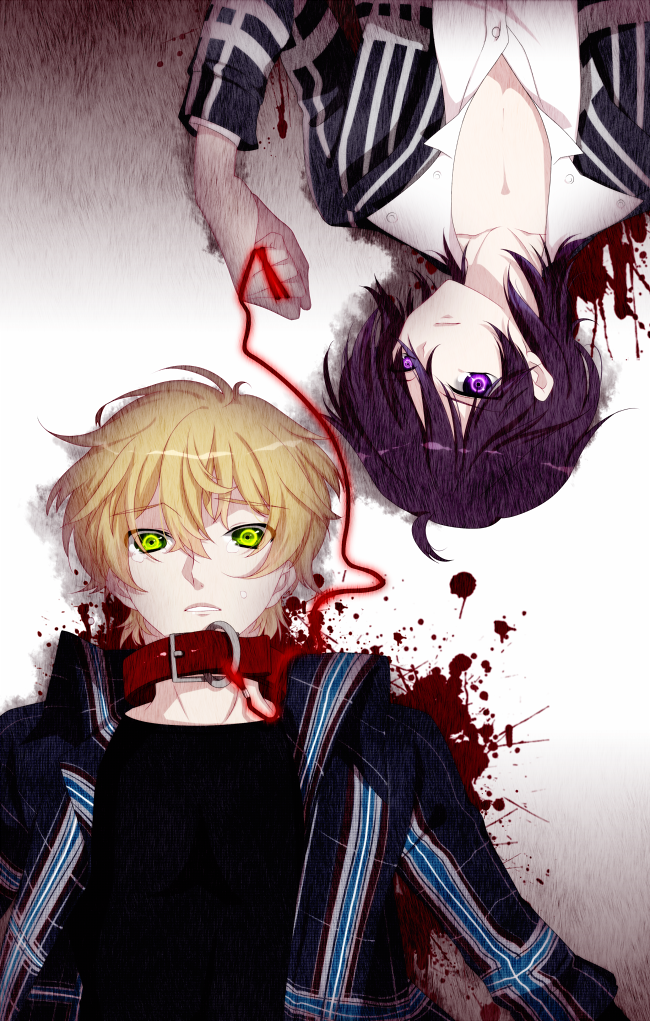 ahoge, blonde_hair, blood, jacket, mutou_tooru, natsuno_yuuki, purple_hair, shiki