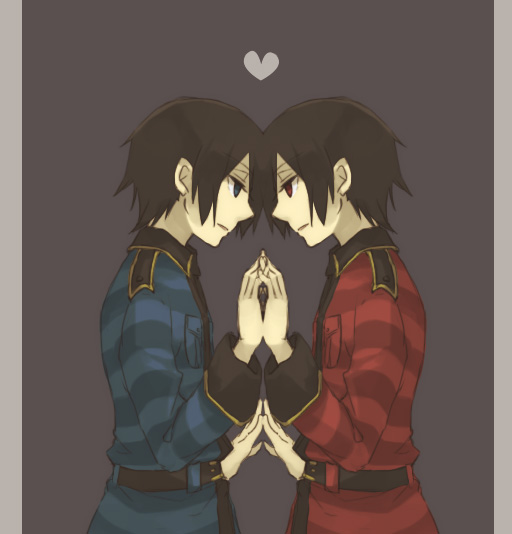 alice_in_the_country_of_the_heart, black_hair, blue_eyes, hair, hand_holding, heart, red_eyes, short